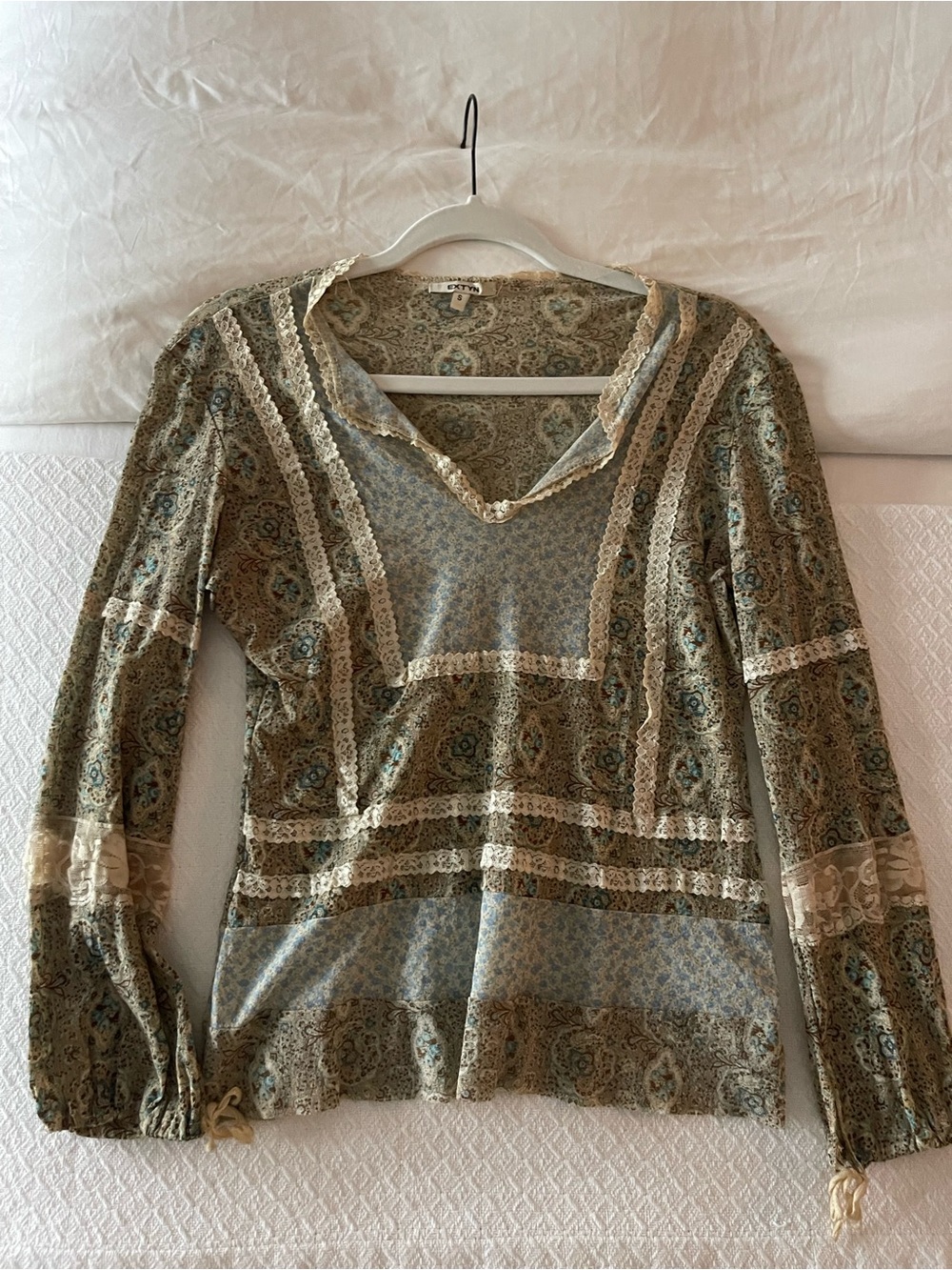 Boho Lace-Trim Long Sleeve Top in Sage Green